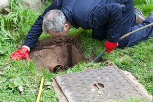 A man wearing red gloves and a blue jumpsuit kneels on grass in Denver, inspecting an open rectangular hole with a pipe inside, possibly performing a drain repair. A metal cover lies nearby on the ground. | High 5 Plumbing, Heating & Cooling