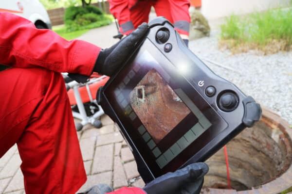A person in red protective clothing and black gloves holds a tablet displaying an image of a rusted pipe, highlighting sewer inspection problems next to an open manhole on a paved surface with grass and gravel nearby. | High 5 Plumbing, Heating & Cooling