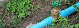 A blue plastic water pipe, part of a recent water line repair, is partially buried in soil, featuring a brass valve with a green handle. Green plants and grass grow around the pipe in the surrounding dirt. | High 5 Plumbing, Heating & Cooling