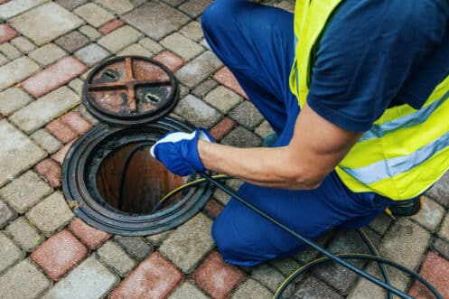 A person wearing a high-visibility vest and gloves uses plumbing equipment to inspect or clean an open manhole on a paved surface made of interlocking bricks. | High 5 Plumbing, Heating & Cooling