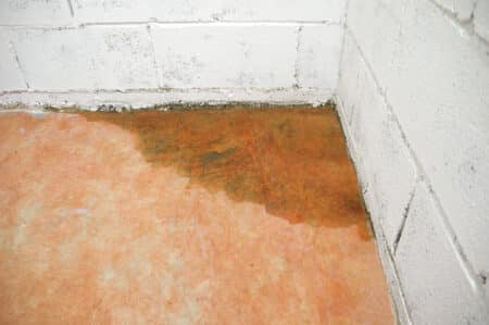 A damp, discolored patch of water damage is visible along the base of a white cinder block wall and floor in the corner of a room, indicating possible plumbing leaks and highlighting slab leak seriousness. | High 5 Plumbing, Heating & Cooling