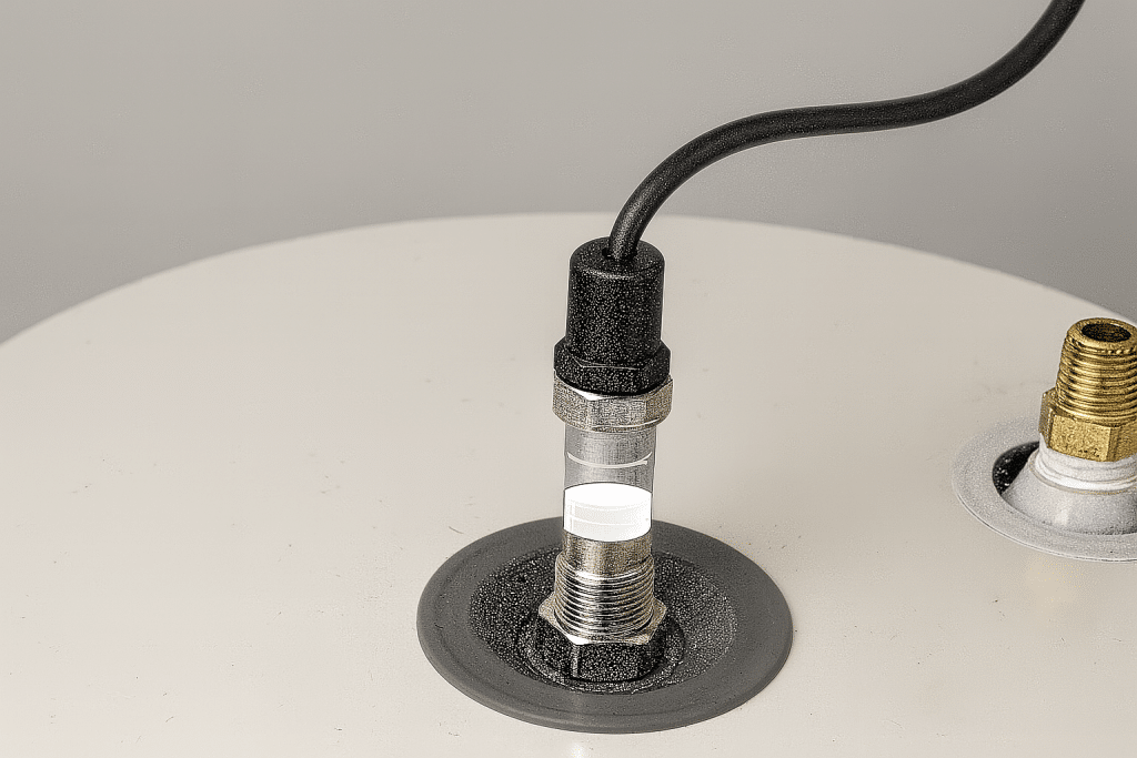 A coaxial cable is connected to a metal socket on a white surface, while another nearby socket—used in water heater anode rod comparison—remains unplugged. Both sockets are mounted on circular metal bases. | High 5 Plumbing, Heating & Cooling
