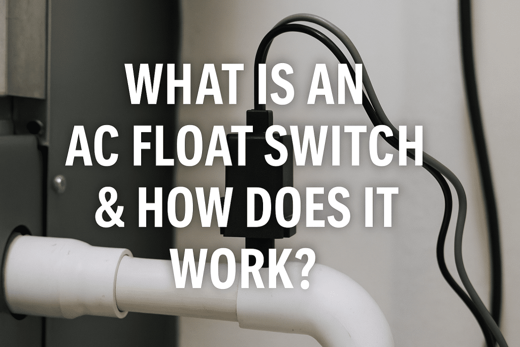 A black AC float switch is attached to a white PVC pipe, with the words, “What is an AC float switch & how does it work?” overlaid in large, bold, white letters, highlighting AC float switch function and operation. | High 5 Plumbing, Heating & Cooling