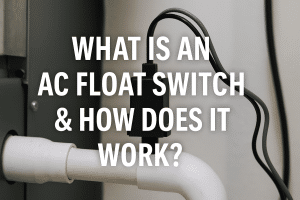 A black AC float switch is attached to a white PVC pipe, with the words, “What is an AC float switch & how does it work?” overlaid in large, bold, white letters, highlighting AC float switch function and operation. | High 5 Plumbing, Heating & Cooling