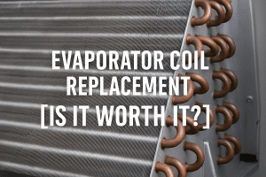 A close-up of an HVAC evaporator coil with copper pipes, overlaid with the text: "Evaporator Coil Replacement [Is it worth it?]". Perfect for those considering HVAC maintenance or evaporator coil replacement decisions. | High 5 Plumbing, Heating & Cooling