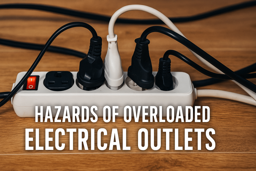A white power strip with five plugs inserted, surrounded by tangled black and white cords. Text on the image reads: "Outlet Safety: Hazards of Overloaded Electrical Outlets. | High 5 Plumbing, Heating & Cooling