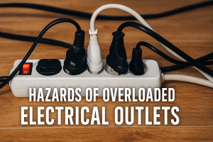 A white power strip with five plugs inserted, surrounded by tangled black and white cords. Text on the image reads: "Outlet Safety: Hazards of Overloaded Electrical Outlets. | High 5 Plumbing, Heating & Cooling