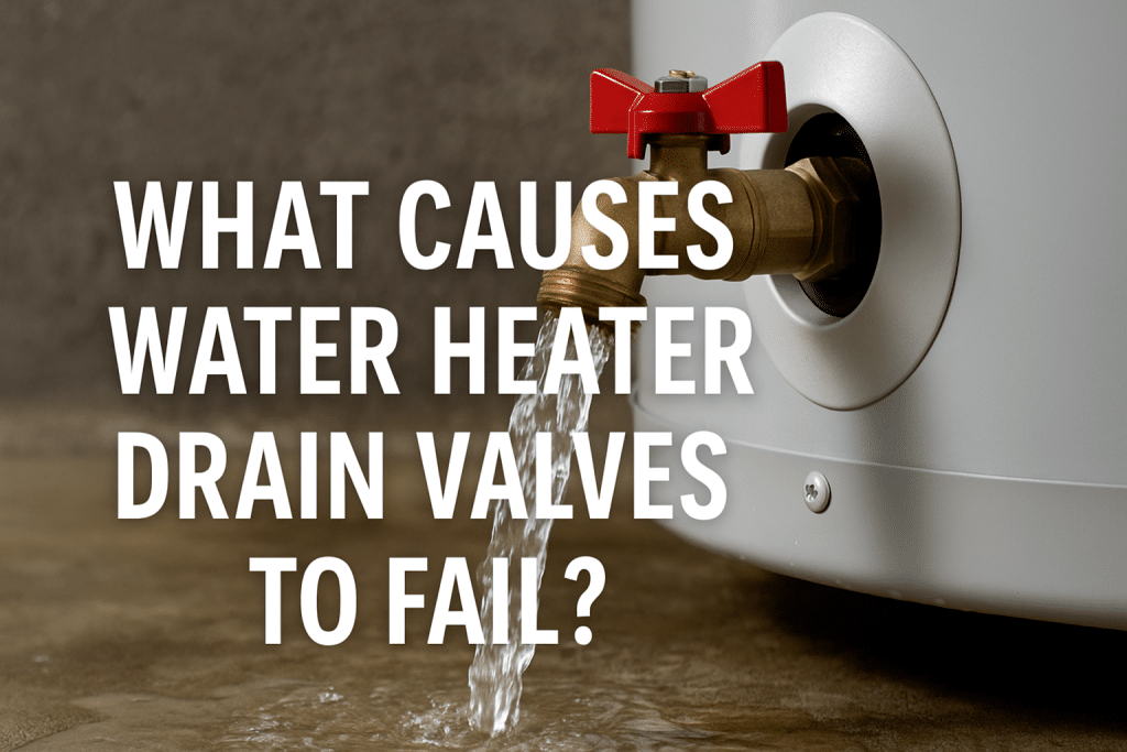 A brass drain valve on a water heater with water flowing out of it; the text over the image reads, "What are the failure causes of water heater drain valves?. | High 5 Plumbing, Heating & Cooling